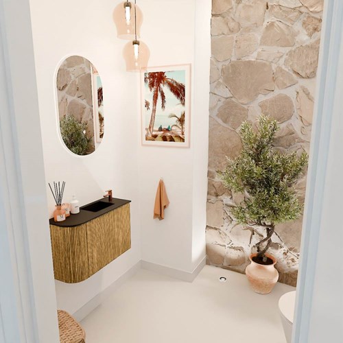 JOYA 61,6cm mobile lavabo colore curva sinistra Oak. Lavabo FAYE posizione Destra 1 foro per rubinetto colore Urban.