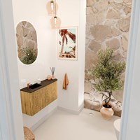 JOYA 81,6cm mueble fondo reducido curva derecha color Oak. Lavabo FAYE posición Izquierda 1 orificio color Urban.