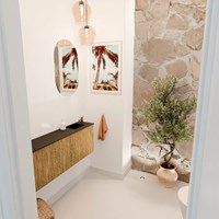 JOYA 111,6cm mueble fondo reducido curva izquierda color Oak. Lavabo FAYE posición Derecho 1 orificio color Urban.