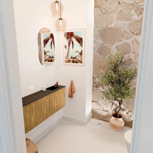 JOYA 111,6cm mueble fondo reducido curva izquierda color Oak. Lavabo FAYE posición Derecho 1 orificio color Urban.