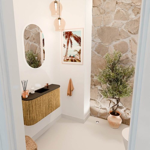 JOYA 83,2cm mueble fondo reducido curva izquierda + derecha color Oak. Lavabo FAYE posición Centro 1 orificio color Urban.
