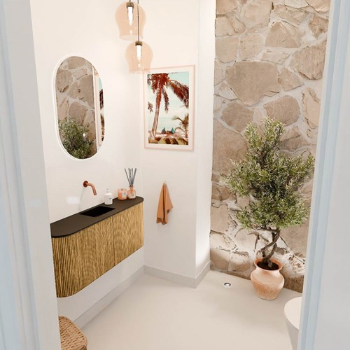 JOYA 93,2cm toiletmeubel ronding links + rechts kleur Oak. Wastafel FAYE positie Midden Zonder kraangat kleur Urban.