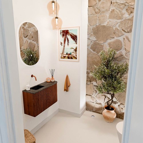 JOYA-DLUX 71,6cm mobile lavabo colore curva destra Ruby. Lavabo FAYE posizione Sinistra senza foro per il rubinetto colore Lava.