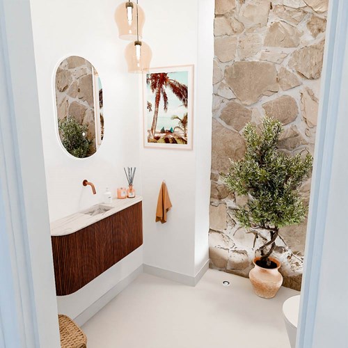 JOYA-DLUX 93,2cm mobile lavabo colore curva sinistra + destra Ruby. Lavabo FAYE posizione Centro senza foro per il rubinetto colore Nata.