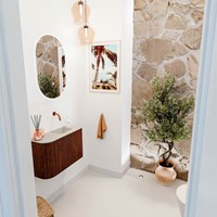 JOYA-DLUX 61,6cm mueble fondo reducido curva izquierda color Ruby. Lavabo FAYE posición Derecho sin orificio color Opalo.