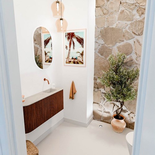 JOYA-DLUX 91,6cm toiletmeubel ronding links kleur Ruby. Wastafel FAYE positie Rechts Zonder kraangat kleur Opalo.