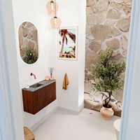 JOYA-DLUX 71,6cm toiletmeubel ronding rechts kleur Ruby. Wastafel FAYE positie Links Zonder kraangat kleur Sombra.