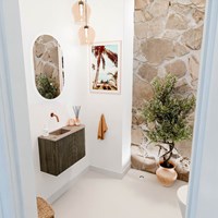 JOYA-DLUX 61,6cm toiletmeubel ronding rechts kleur Shadow. Wastafel FAYE positie Links Zonder kraangat kleur Arena.