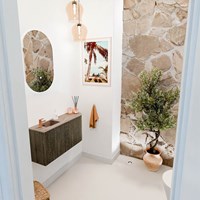 JOYA-DLUX 81,6cm mobile lavabo colore curva destra Shadow. Lavabo FAYE posizione Sinistra 1 foro per rubinetto colore Arena.