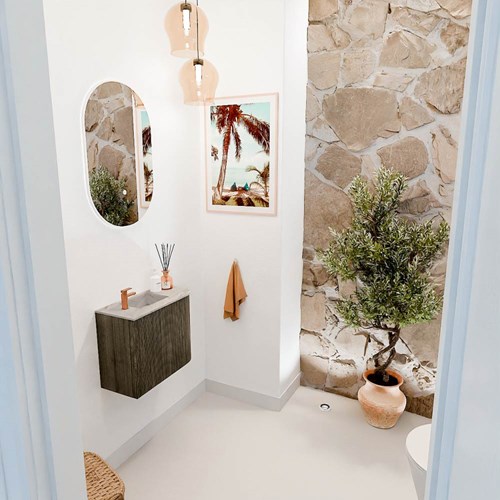 JOYA-DLUX 51,6cm mueble fondo reducido curva derecha color Shadow. Lavabo FAYE posición Izquierda 1 orificio color Glace.
