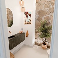 JOYA-DLUX 100cm toiletmeubel kleur Shadow. Wastafel FAYE positie Links Zonder kraangat kleur Lava.