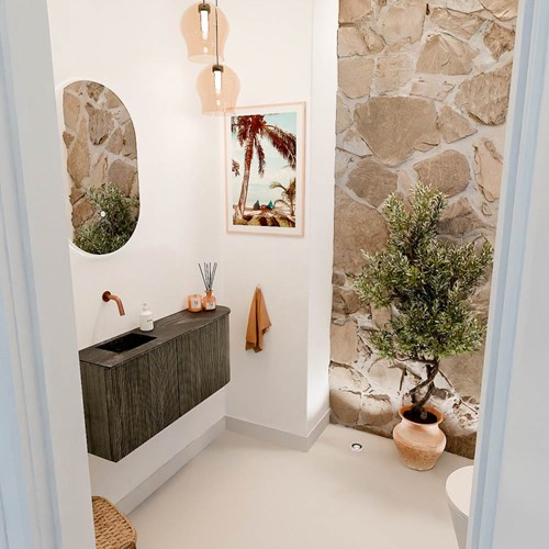 JOYA-DLUX 91,6cm toiletmeubel ronding rechts kleur Shadow. Wastafel FAYE positie Links Zonder kraangat kleur Lava.