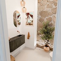 JOYA-DLUX 91,6cm toiletmeubel ronding links kleur Shadow. Wastafel FAYE positie Rechts Zonder kraangat kleur Lava.