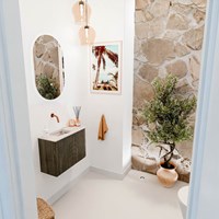 JOYA-DLUX 61,6cm toiletmeubel ronding rechts kleur Shadow. Wastafel FAYE positie Links Zonder kraangat kleur Nata.