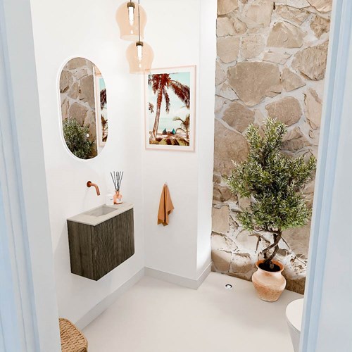 JOYA-DLUX 51,6cm toiletmeubel ronding rechts kleur Shadow. Wastafel FAYE positie Links Zonder kraangat kleur Opalo.