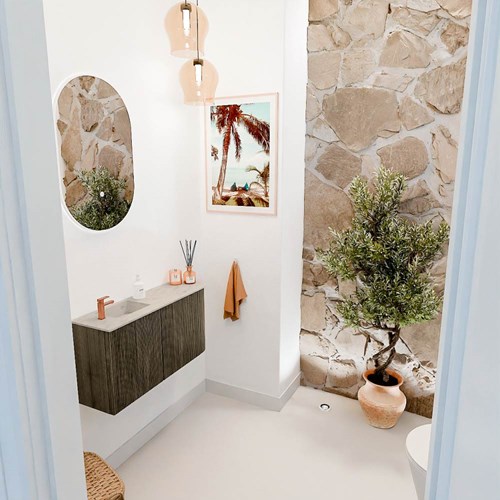 JOYA-DLUX 81,6cm meuble lave-main courbe droite couleur Shadow. Lavabo FAYE position Gauche 1 trou pour robinetter couleur Opalo.