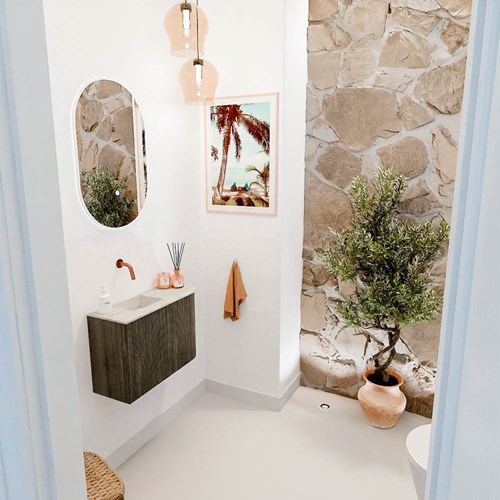 JOYA-DLUX 61,6cm toiletmeubel ronding rechts kleur Shadow. Wastafel FAYE positie Links Zonder kraangat kleur Ostra.