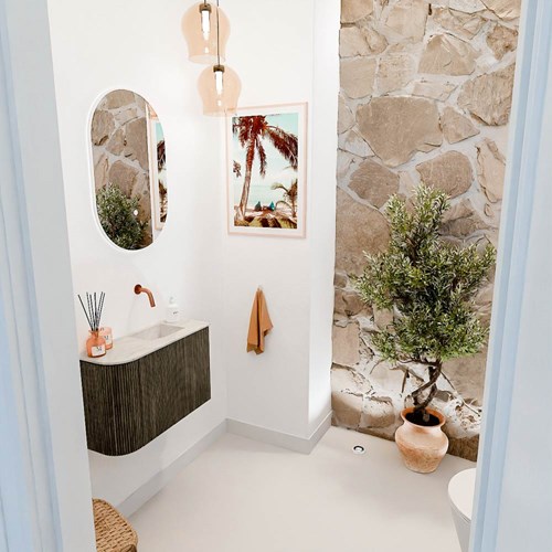 JOYA-DLUX 61,6cm toiletmeubel ronding links kleur Shadow. Wastafel FAYE positie Rechts Zonder kraangat kleur Ostra.