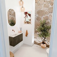 JOYA-DLUX 71,6cm toiletmeubel ronding rechts kleur Shadow. Wastafel FAYE positie Links Zonder kraangat kleur Ostra.