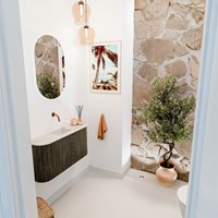 JOYA-DLUX 83,2cm toiletmeubel ronding links + rechts kleur Shadow. Wastafel FAYE positie Midden Zonder kraangat kleur Ostra.