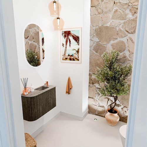 JOYA-DLUX 61,6cm mueble fondo reducido curva izquierda color Shadow. Lavabo FAYE posición Derecho 1 orificio color Oza.
