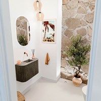 JOYA-DLUX 63,2cm cloakroom vanity set curve left + right color Shadow. Vanity top FAYE position Center without tab hole color Oza.