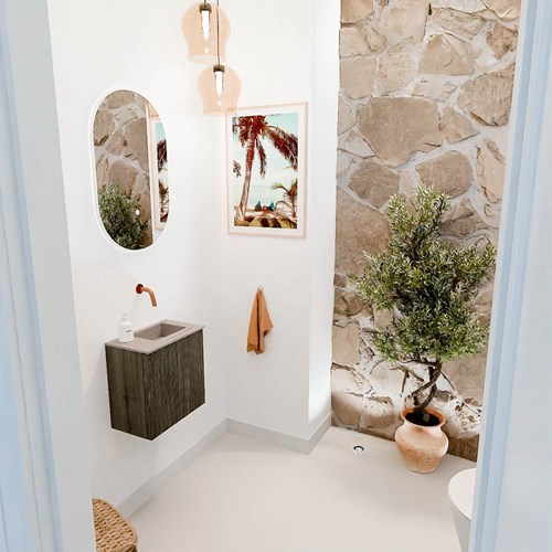 JOYA-DLUX 40cm toiletmeubel kleur Shadow. Wastafel FAYE positie Rechts Zonder kraangat kleur Saba.