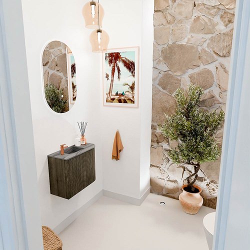 JOYA-DLUX 51,6cm mueble fondo reducido curva derecha color Shadow. Lavabo FAYE posición Izquierda 1 orificio color Sombra.