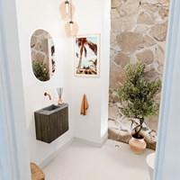 JOYA-DLUX 51,6cm toiletmeubel ronding rechts kleur Shadow. Wastafel FAYE positie Links Zonder kraangat kleur Sombra.
