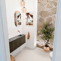 JOYA-DLUX 101,6cm mueble fondo reducido curva izquierda color Shadow. Lavabo FAYE posición Derecho sin orificio color Sombra.