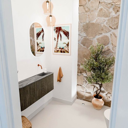 JOYA-DLUX 101,6cm mueble fondo reducido curva izquierda color Shadow. Lavabo FAYE posición Derecho sin orificio color Sombra.