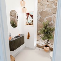 JOYA-DLUX 83,2cm mueble fondo reducido curva izquierda + derecha color Shadow. Lavabo FAYE posición Centro 1 orificio color Sombra.