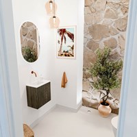 JOYA 40cm toiletmeubel kleur Shadow. Wastafel FAYE positie Links Zonder kraangat kleur Talc.