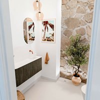 JOYA 101,6cm toiletmeubel ronding links kleur Shadow. Wastafel FAYE positie Rechts Zonder kraangat kleur Talc.