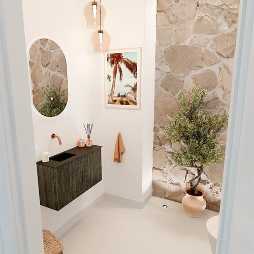 JOYA 70cm toiletmeubel kleur Shadow. Wastafel FAYE positie Links Zonder kraangat kleur Urban.