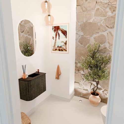 JOYA 51,6cm mueble fondo reducido curva izquierda color Shadow. Lavabo FAYE posición Derecho 1 orificio color Urban.
