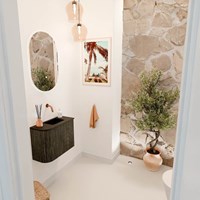 JOYA 51,6cm mueble fondo reducido curva izquierda color Shadow. Lavabo FAYE posición Derecho sin orificio color Urban.
