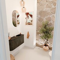 JOYA 81,6cm toiletmeubel ronding links kleur Shadow. Wastafel FAYE positie Rechts 1 kraangat kleur Urban.