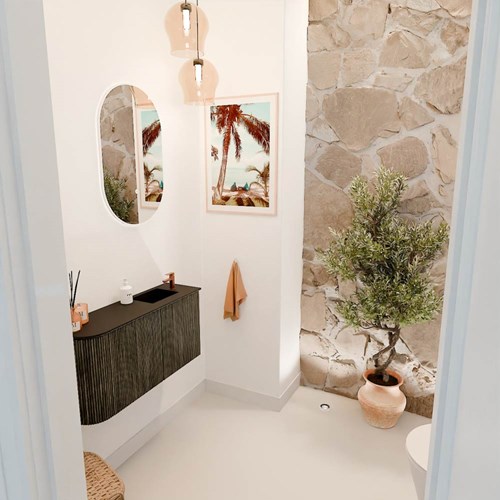 JOYA 81,6cm toiletmeubel ronding links kleur Shadow. Wastafel FAYE positie Rechts 1 kraangat kleur Urban.