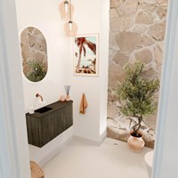 JOYA 81,6cm toiletmeubel ronding rechts kleur Shadow. Wastafel FAYE positie Links Zonder kraangat kleur Urban.