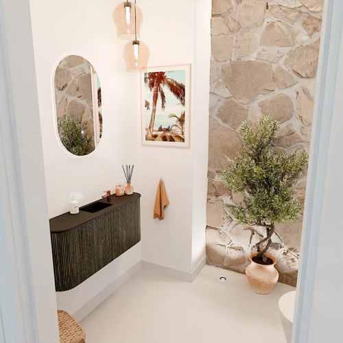 JOYA 93,2cm cloakroom vanity set curve left + right color Shadow. Vanity top FAYE position Center 1 tab hole color Urban.
