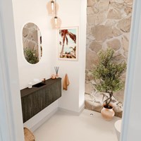 JOYA 123,2cm cloakroom vanity set curve left + right color Shadow. Vanity top FAYE position Center 1 tab hole color Urban.