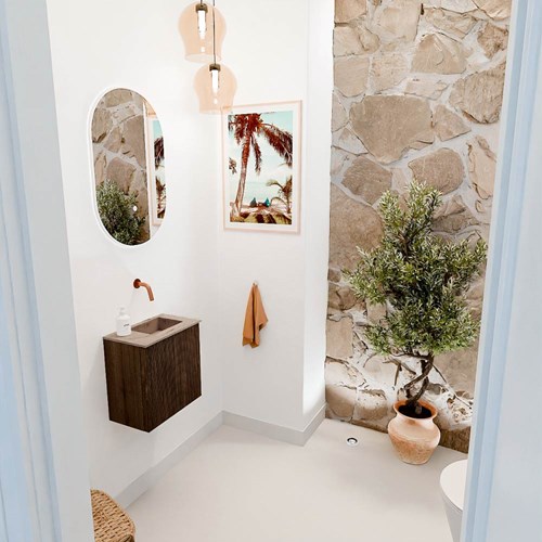 JOYA-DLUX 40cm mobile lavabo colore Walnut. Lavabo FAYE posizione Destra senza foro per il rubinetto colore Arena.