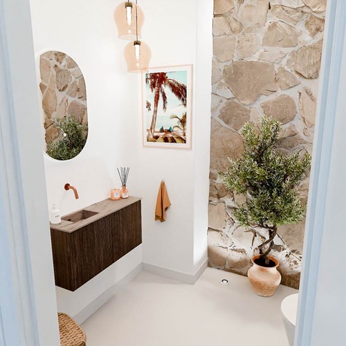 JOYA-DLUX 80cm toiletmeubel kleur Walnut. Wastafel FAYE positie Links Zonder kraangat kleur Arena.