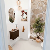 JOYA-DLUX 51,6cm meuble lave-main courbe droite couleur Walnut. Lavabo FAYE position Gauche 1 trou pour robinetter couleur Arena.