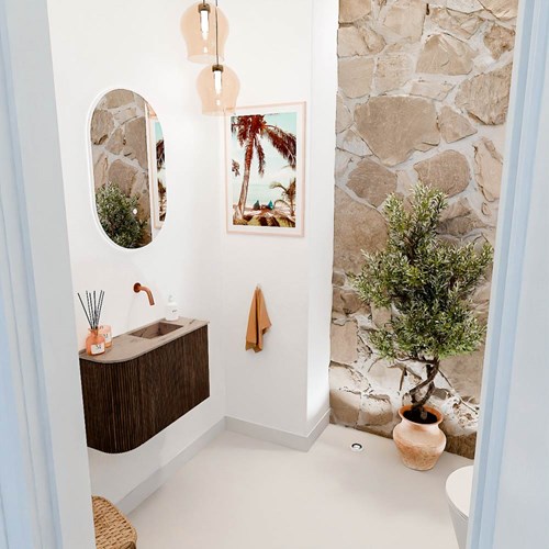 JOYA-DLUX 61,6cm mueble fondo reducido curva izquierda color Walnut. Lavabo FAYE posición Derecho sin orificio color Arena.