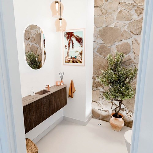JOYA-DLUX 123,2cm mueble fondo reducido curva izquierda + derecha color Walnut. Lavabo FAYE posición Centro 1 orificio color Arena.