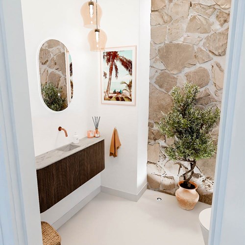 JOYA-DLUX 113,2cm cloakroom vanity set curve left + right color Walnut. Vanity top FAYE position Center without tab hole color Glace.