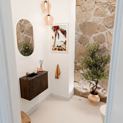 JOYA-DLUX 60cm mobile lavabo colore Walnut. Lavabo FAYE posizione Sinistra 1 foro per rubinetto colore Lava.