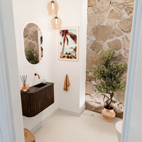 JOYA-DLUX 61,6cm mobile lavabo colore curva sinistra Walnut. Lavabo FAYE posizione Destra senza foro per il rubinetto colore Lava.